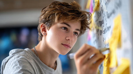 A boy is writing on a whiteboard. He is wearing a gray shirt and has a black necklaceの素材