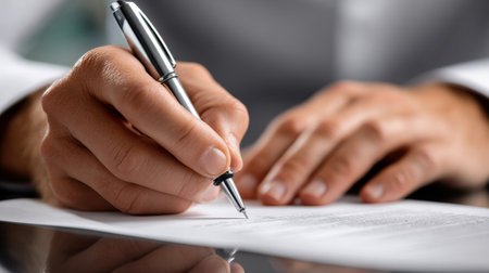 A man is writing with a pen on a piece of paper. Concept of focus and determination as the man carefully writes. The act of writing can be seen as a form of communication or expressionの素材