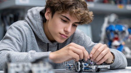A young man is working on a model car, likely a Lego model. He is focused on the task at hand, and the scene conveys a sense of concentration and determinationの素材