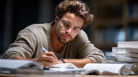 A man is writing in a book with a pen. He is wearing glasses and has a beard. The scene suggests that he is studying or working on a projectの素材