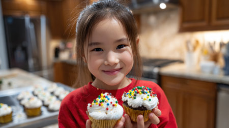 A young girl is holding two cupcakes with sprinkles on them. She is smiling and she is happyの素材