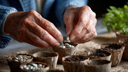 A woman is planting seeds in small pots. The pots are filled with dirt and the seeds are scattered throughout. The woman is focused on her task and she is enjoying herselfの素材