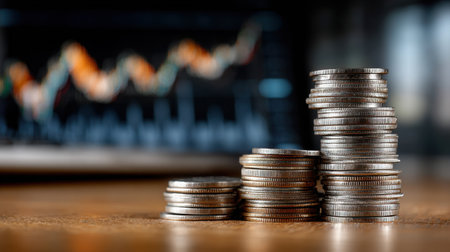 A stack of coins on a table with a laptop in the background. The coins are silver and appear to be stacked on top of each other. The laptop is open and has a graph on the screenの素材