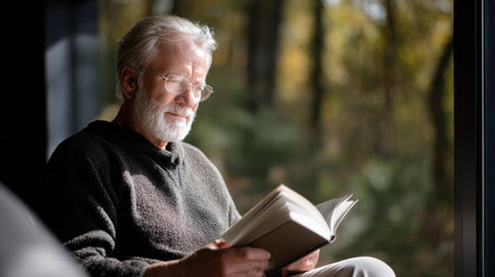 An older man is sitting in a chair reading a book. He is wearing glasses and has a smile on his face. Concept of relaxation and enjoyment as the man takes his time to readの素材