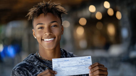 A young man is holding a check in his hand. He is smiling and he is happyの素材