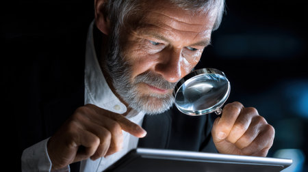 A man is looking at a tablet with a magnifying glass. He is focused on the screen, possibly trying to read or examine something. Concept of curiosity and concentrationの素材