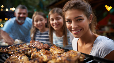 A woman is smiling and holding a tray of food, which includes chicken and ribs. She is surrounded by three other people, all of whom are smiling and enjoying the meal. The atmosphere is warmの素材