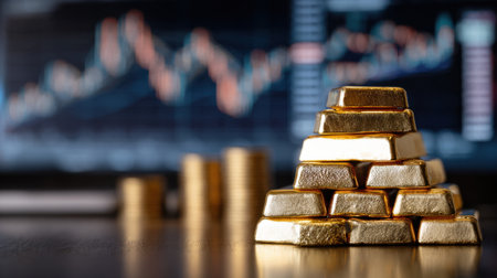 A stack of gold bars is on a table next to a computer monitor displaying a graph. The bars are piled on top of each other, and there are also some coins on the table. Concept of wealth and prosperityの素材