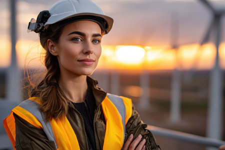 A woman wearing a hard hat and safety vest stands in front of a sunset. She is smiling and she is proud of her workの素材