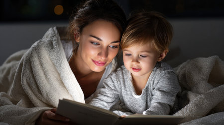 A woman and a child are reading a book together. The woman is laying on her stomach and the child is laying on her back. The book is open to a page with a picture of a woman and a childの素材