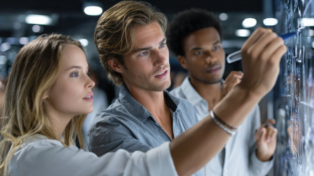 Three people are looking at a whiteboard with a man writing on it. Scene is collaborative and focusedの素材