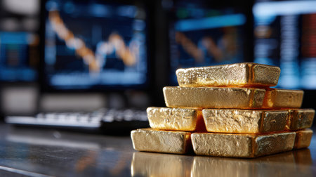 A stack of gold bars sits on a desk in front of a computer monitor. The bars are piled on top of each other, and the monitor shows a graph of the stock market. Concept of wealth and prosperityの素材
