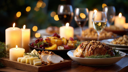 A table with a variety of food and drinks, including a roasted turkey, a cheese platter, and several glasses of wine. The table is set with candles, creating a warm and inviting atmosphereの素材