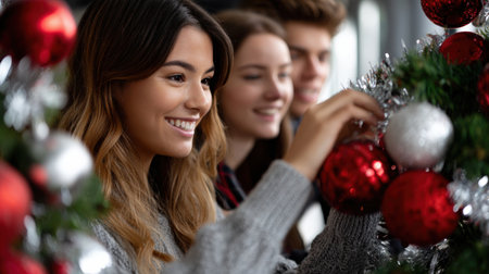 A woman is smiling and holding a red and white ornament. She is surrounded by other ornaments, and the mood of the image is festive and joyfulの素材
