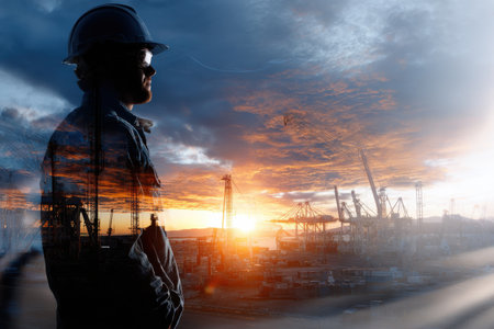 A man in a hard hat stands in front of a city skyline with a sunset in the backgroundの素材