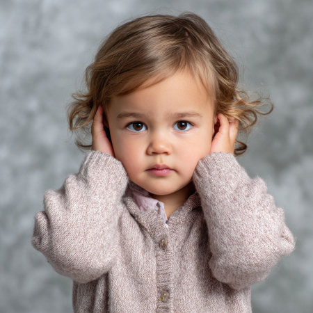 A young girl wearing a pink sweater is holding her hands to her ears. She has a serious expression on her faceの素材