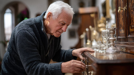 An older man is looking at a cabinet with a silver vase on top. He is reaching for the cabinet doorの素材