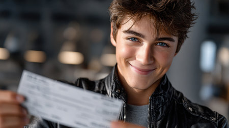 A young man is holding a check in his hand and smiling. The check is for a large amount of money, and the man is happy about itの素材