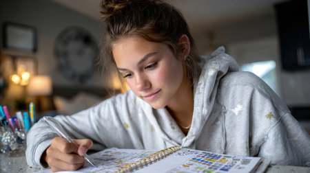 A girl is writing in a spiral notebook. She is smiling and seems to be enjoying herself. The notebook is open to a page with a colorful designの素材