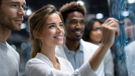 A woman is drawing on a screen with a group of people around her. Scene is collaborative and creativeの素材