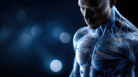 A man with blue skin and veins is shown in a blurry background. The image is of a man with a muscular body and a blue skinの素材