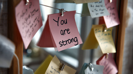 A mirror with a bunch of colorful sticky notes on it that say "You are strong.". The mirror is surrounded by the notes, which are hanging from a stringの素材