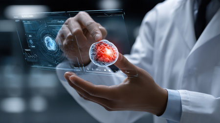 A doctor is holding a brain in his hand, with a red spot on it. Concept of curiosity and fascination with the brain's inner workingsの素材