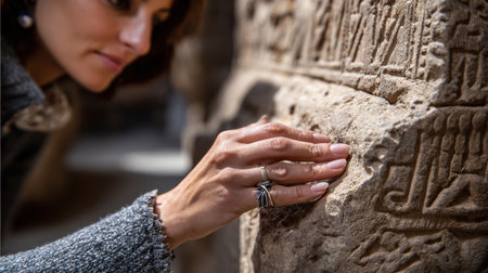 A woman is touching a stone wall with her hand. The stone wall has hieroglyphics on itの素材