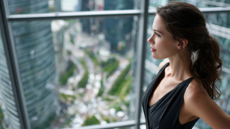 A woman in a black dress is looking out of a window at a cityscape. Concept of awe and wonder at the beauty of the city and the woman's appreciation for itの素材