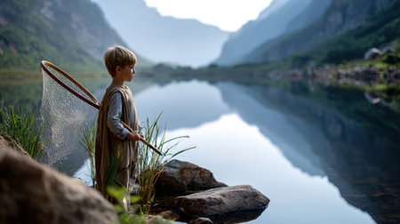 A young boy is fishing in a lake with a net. The lake is surrounded by mountains, and the sky is cloudy. Scene is peaceful and serene, as the boy enjoys his time by the waterの素材