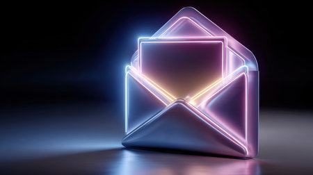 A glowing envelope with neon lights on it. The envelope is open and has a yellow card insideの素材