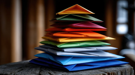 A stack of colorful origami paper, with each piece in a different color. The paper is arranged in a pyramid shape, with the top piece being the smallest and the bottom piece being the largestの素材