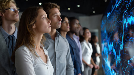 A group of people are looking at a large screen with a blue background. The people are dressed in business attire and appear to be focused on the screen. Scene is serious and professionalの素材