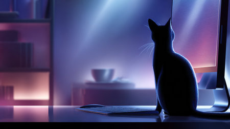 A black cat is sitting on a desk in front of a computer monitor. The cat is looking at the monitor, possibly watching something on it. The room is dimly lit, creating a moody atmosphereの素材