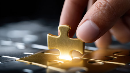 A hand is holding a golden puzzle piece on a dark surface. The puzzle piece is missing a corner, and the hand is about to place it into the puzzle. Concept of focus and determinationの素材