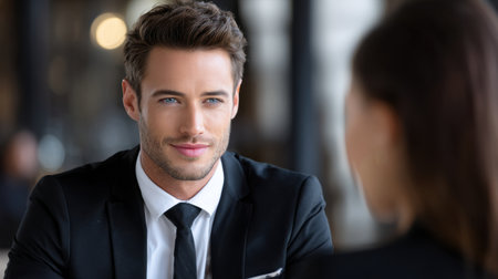 A man in a suit and tie is smiling at a woman. The man is wearing a tie and the woman is wearing a black dress. Scene is friendly and professionalの素材