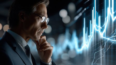 A man in a suit is looking at a computer screen with a graph on it. He is wearing glasses and he is deep in thought. The graph on the screen shows a downward trendの素材