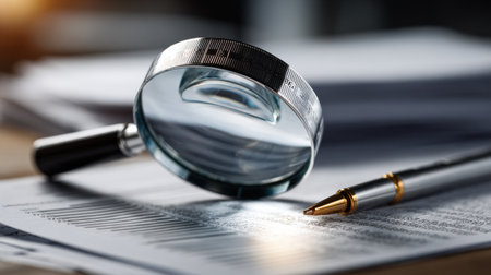 A magnifying glass is on top of a piece of paper with a pen next to it. The scene suggests that someone is examining the paper closely, possibly looking for important information or detailsの素材
