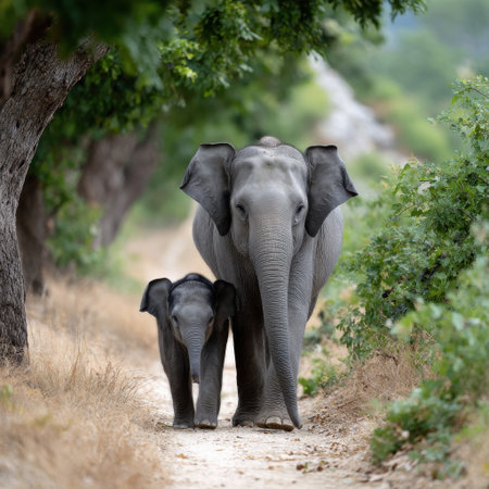 A mother elephant and her baby are walking down a dirt road. The baby elephant is smaller than the mother, and they seem to be enjoying their walk togetherの素材
