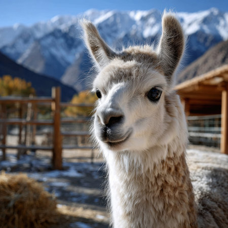 A baby llama is standing in a pen with a wooden fence. The llama is looking at the camera with a smile on its faceの素材