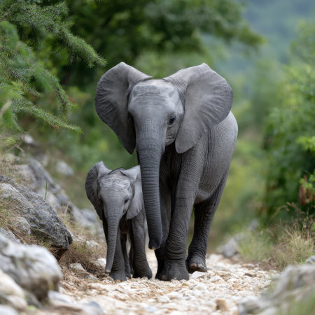 A mother elephant and her baby are walking down a rocky path. The baby elephant is smaller than the mother, and they seem to be enjoying their time together. Concept of warmth and familyの素材
