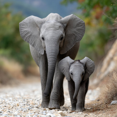 Two elephants walking together on a rocky road. The larger elephant is to the left of the smaller oneの素材