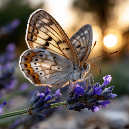 A butterfly is perched on a purple flower. The butterfly is white and brown with black spots. The flower is purple and has a delicate appearance. Concept of tranquility and beautyの素材