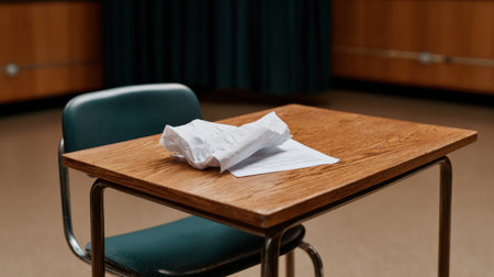 A desk with a chair and a piece of paper on it. The paper is crumpled and has writing on it. Scene is somewhat sad or frustratedの素材