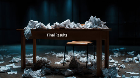 A table covered in paper with the words "final results" written on it. Concept of chaos and disorganization, as the papers are scattered all over the table and floorの素材