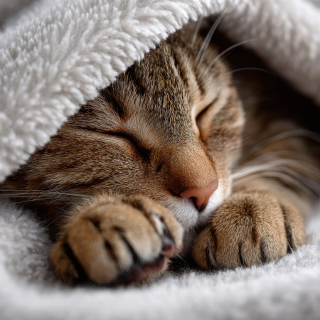 A cat is sleeping in a blanket. The cat is curled up and has its paws tucked under its body. The blanket is white and covers the cat's entire body. The cat appears to be very relaxed and comfortableの素材