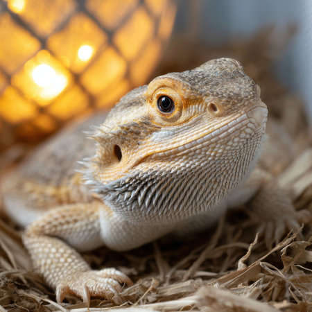 A lizard is sitting on a pile of straw. The light is shining on it, making it look like it's glowingの素材