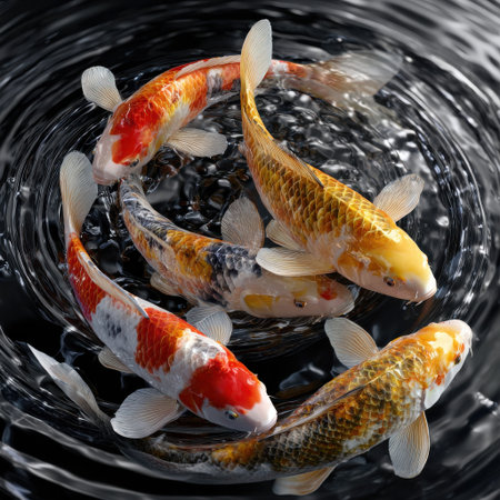 Four koi fish swimming in a circular pattern in a body of water. The fish are orange and black, and they appear to be swimming in a circleの素材