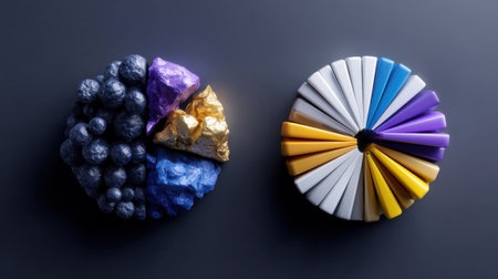 Two pie charts made of different colored blocks. One is blue and purple and the other is yellow and whiteの素材