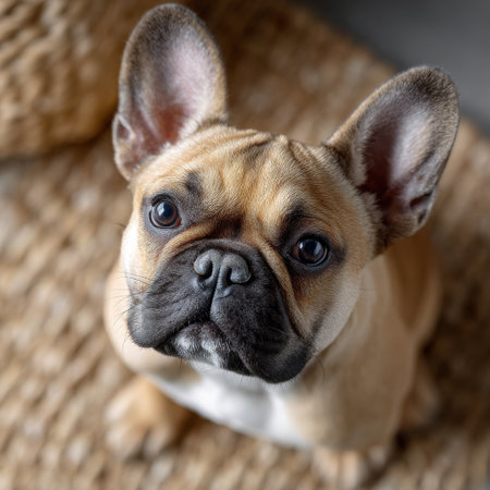 A brown and white dog with big ears and a black nose. The dog is looking at the camera with a curious expressionの素材